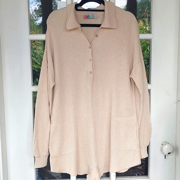 Free People Beach || Picnic Sweater Romper Long Sleeve Knit Tan Large - Picture 1 of 5